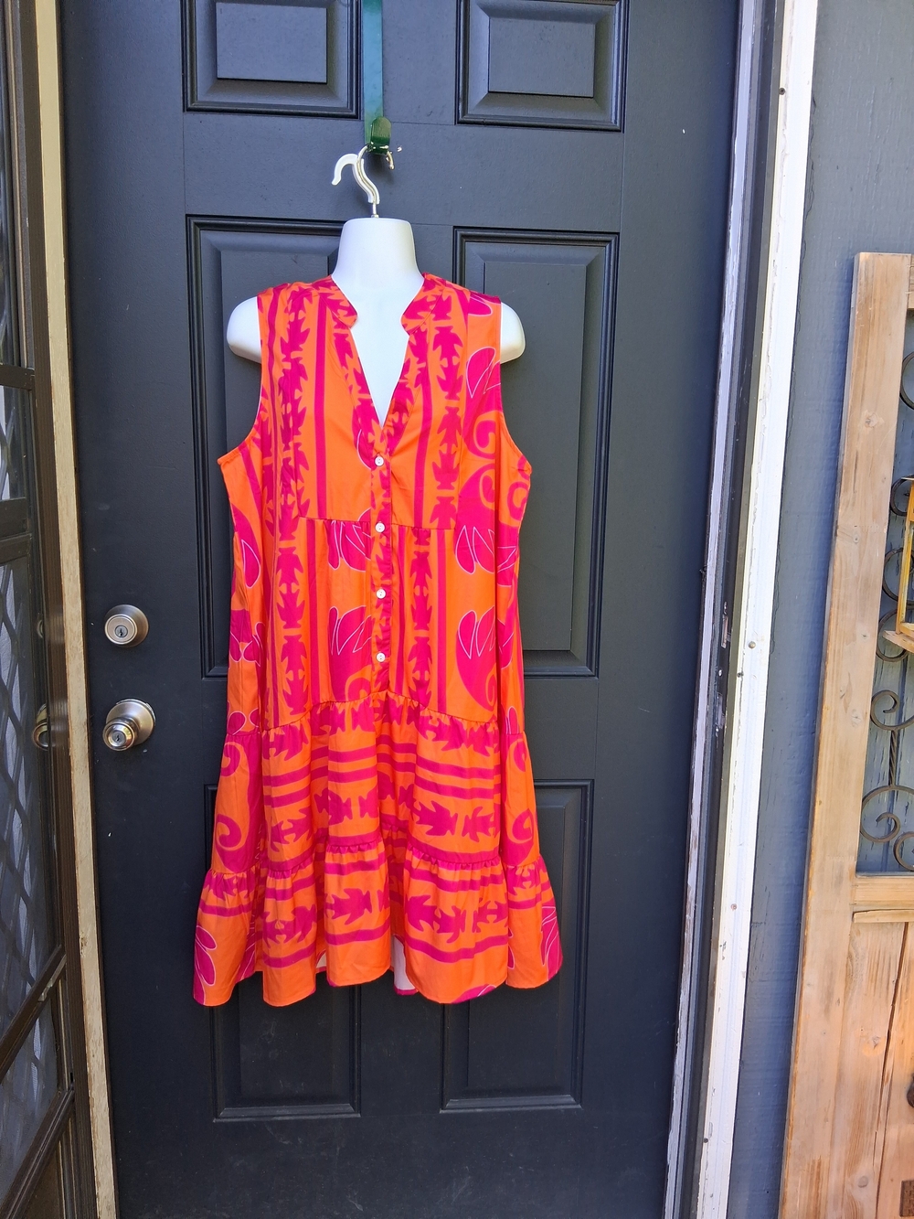 Sleeveless Orange and Pink Button-Front Midi Dress - Picture 1 of 7